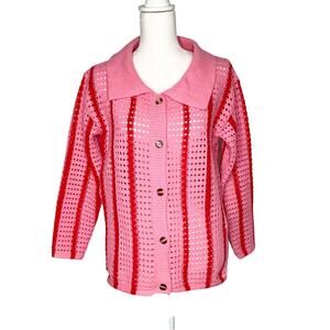 Nichole Lynel Pink Red Striped Crochet Button Front Cardigan Sweater Small